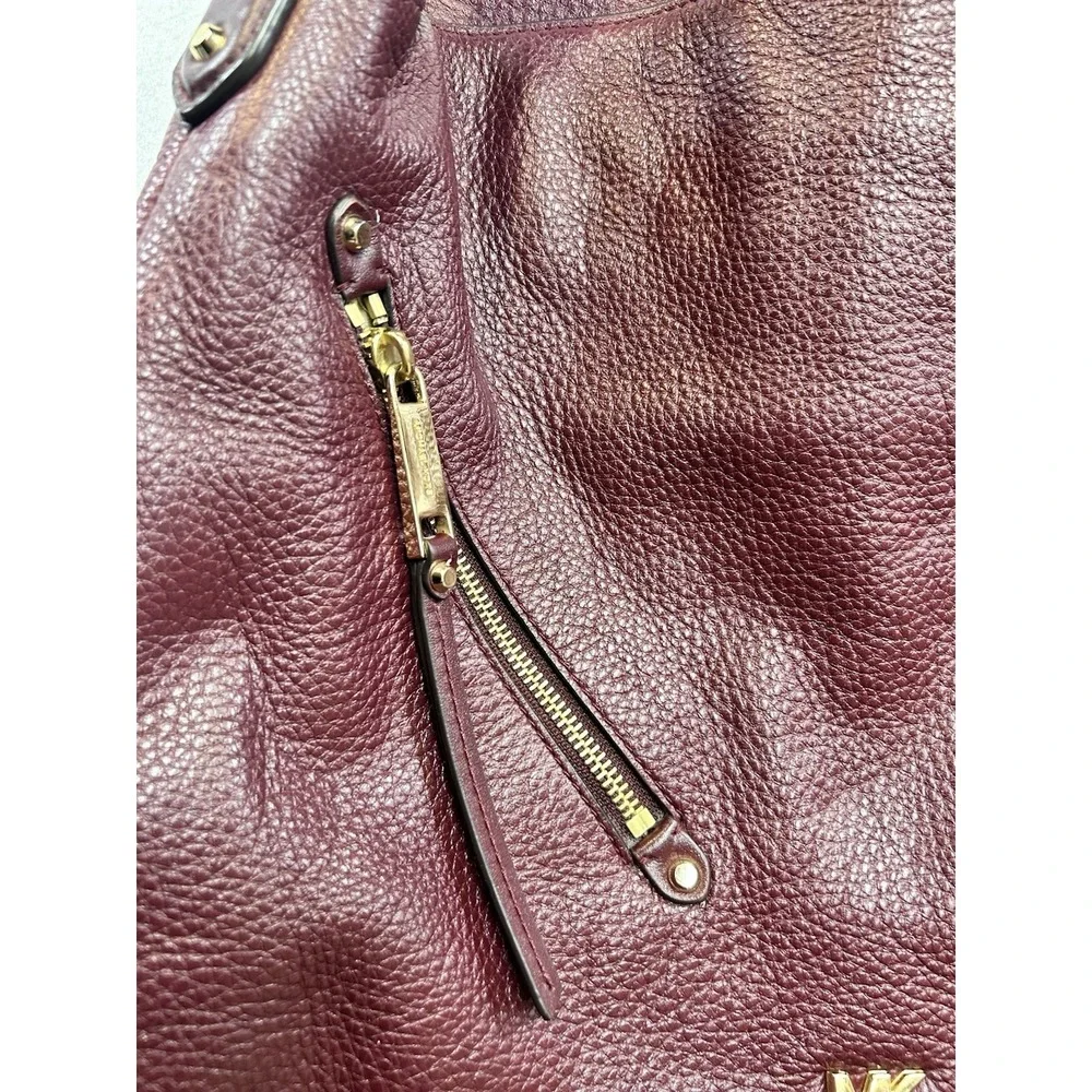 Michael Kors Burgundy Pebbled Shoulder Bag Gold Hardware Zip Inner Pockets